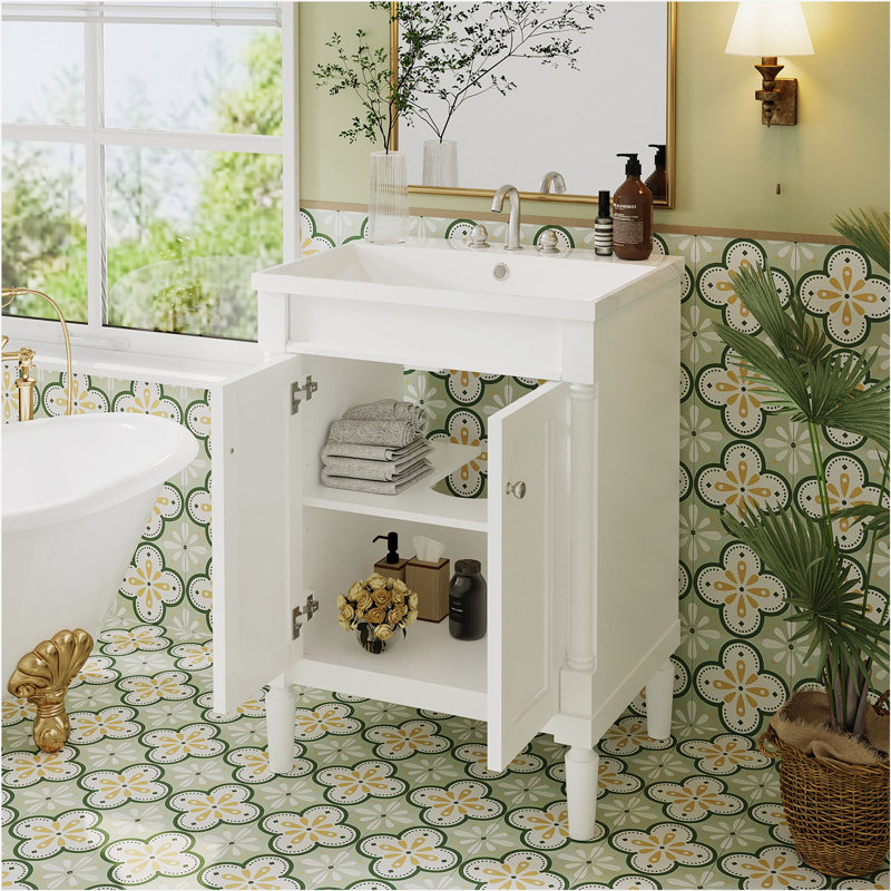 Meuble-lavabo 24 po avec lavabo supérieur, meuble de rangement moderne à 2 niveaux, meuble-lavabo simple, grandes tablettes de rangement (Remplacer SW000102AAF)