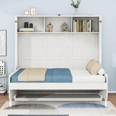 Lit escamotable double en bois avec bureau et tablettes de rangement, lattes