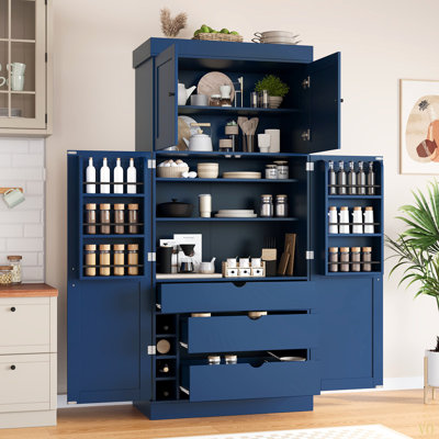 Garde-manger autoportant de 77 po de hauteur, armoire de rangement moderne de style Shaker de l 35 po x L 17,7 po avec tablettes réglables, tablettes de porte, tiroirs et porte-bouteilles