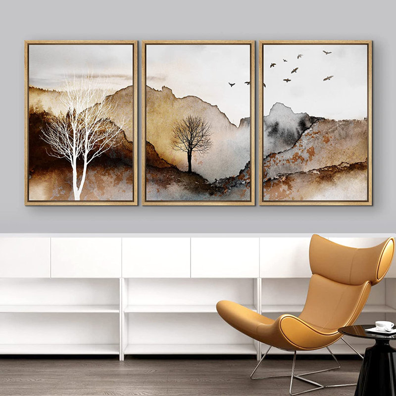 "Mountain Forest", paysage naturel abstrait, images de paysage encadrées sur toile, impression sur toile 3 pièces, Cadre brun