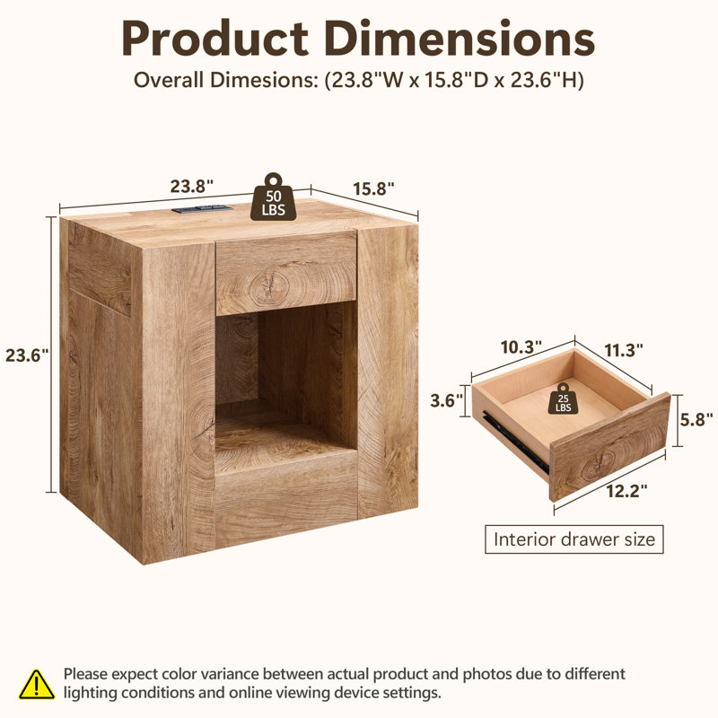 Modern Nightstand With Charging Station, 24" Large Bedside Table With Drawers & Open Shelf，Night Stand Wood Thick Design
