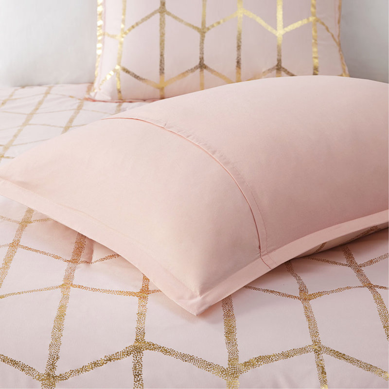 Ensemble d'édredon imprimé métallique, Or / rosé, Édredon de très grand lit et 4 pièces additionn