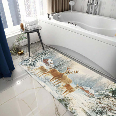 Winter Deer Laundry Room Rug 18X47 Inch – Snow Forest Woodland Non Slip Runner Mat For Rustic Kitchen, Entryway, Cabin Lodge Home Decor