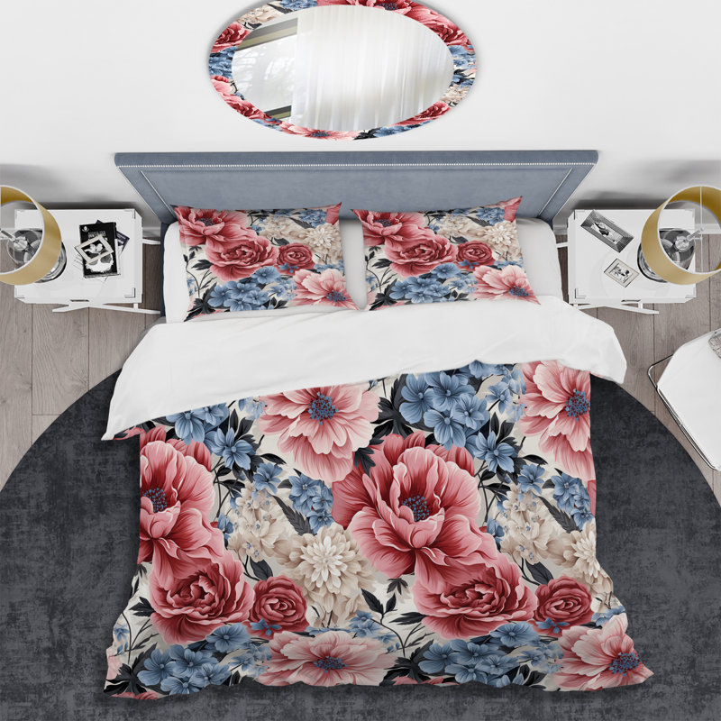 Ensemble de housse de couette à motif floral rose et bleu, Housse de couette simple + 1 taie décorative stan