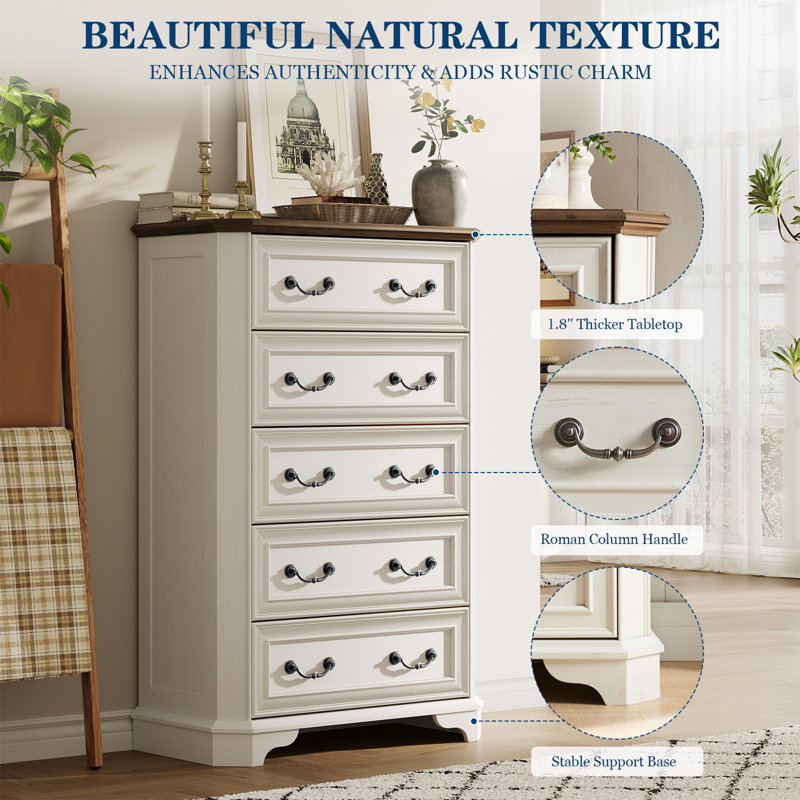 48" Tall Farmhouse 5-Drawer Storage Dresser for Bedroom, White