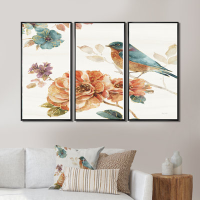 Oiseau de maison de campagne sur une brindille de fleur d'oranger - ensemble d'art mural sur toile encadré maison de campagne