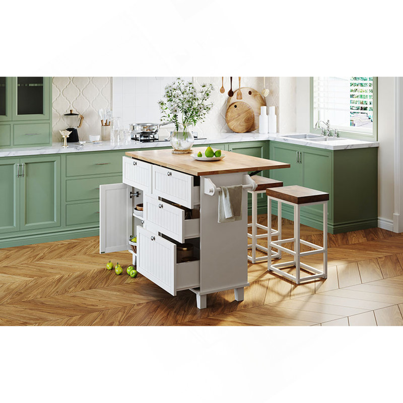 Ensemble d'îlot de cuisine campagnard avec abattant et 2 sièges, ensemble de table de salle à manger avec armoire de rangement, tiroirs et porte-serviettes Topmax, blanc et brun rustique