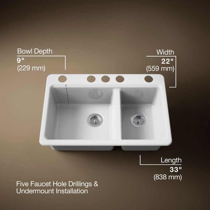 Riverby® 33" x 22" x 9.625" Under-Mount Double-Equal Kitchen Sink with Accessories and 5 Oversized Faucet Holes, White