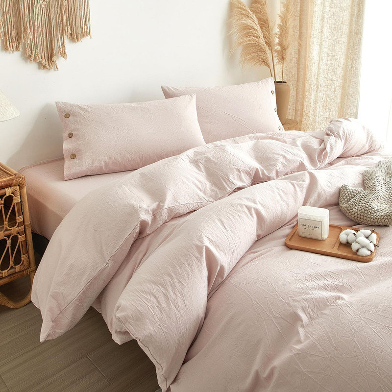 Ensemble de housse de couette 100% coton délavé avec fermeture à boutons 3 pièces DONEUS, Rose grisâtre