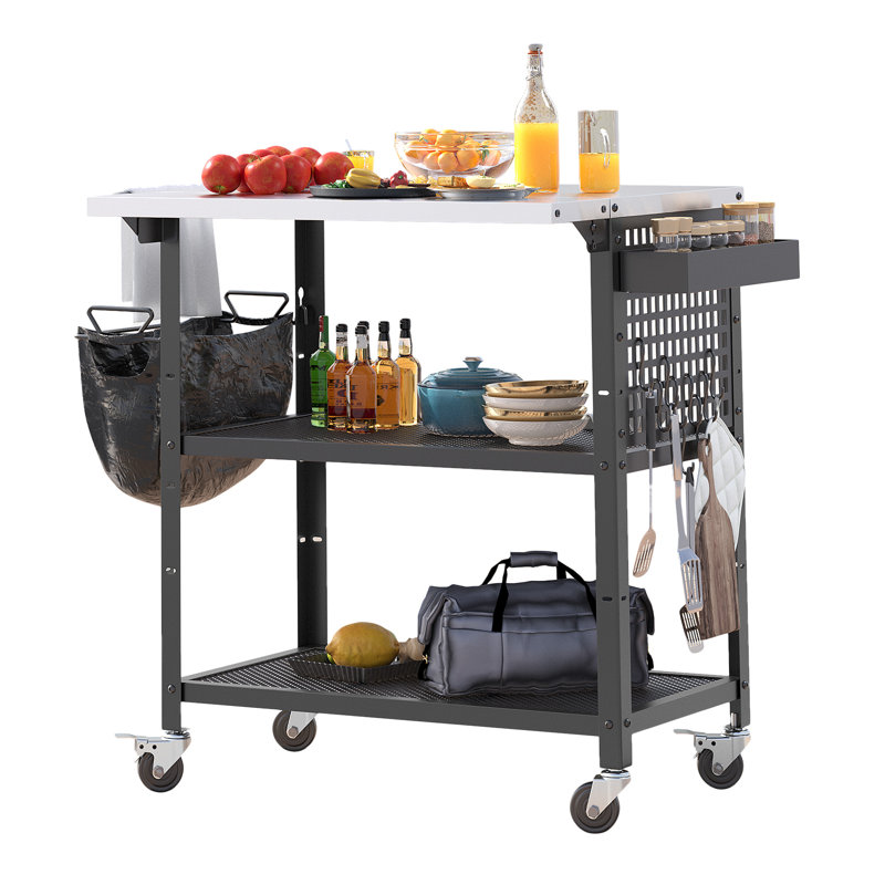 Outdoor Grill Cart Pizza Oven Table With Stainless Steel Drop Leaf