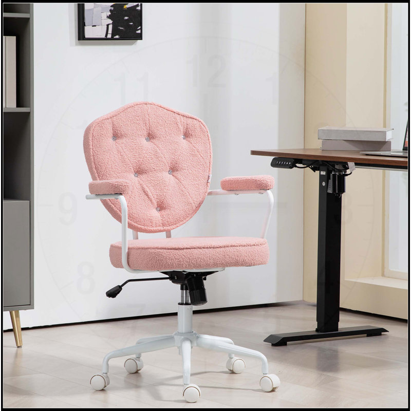 Comfortable and Stylish Home Office Chair with Button Tufted Teddy Bear Fleece, Swivel Function for Enhanced Mobility, White