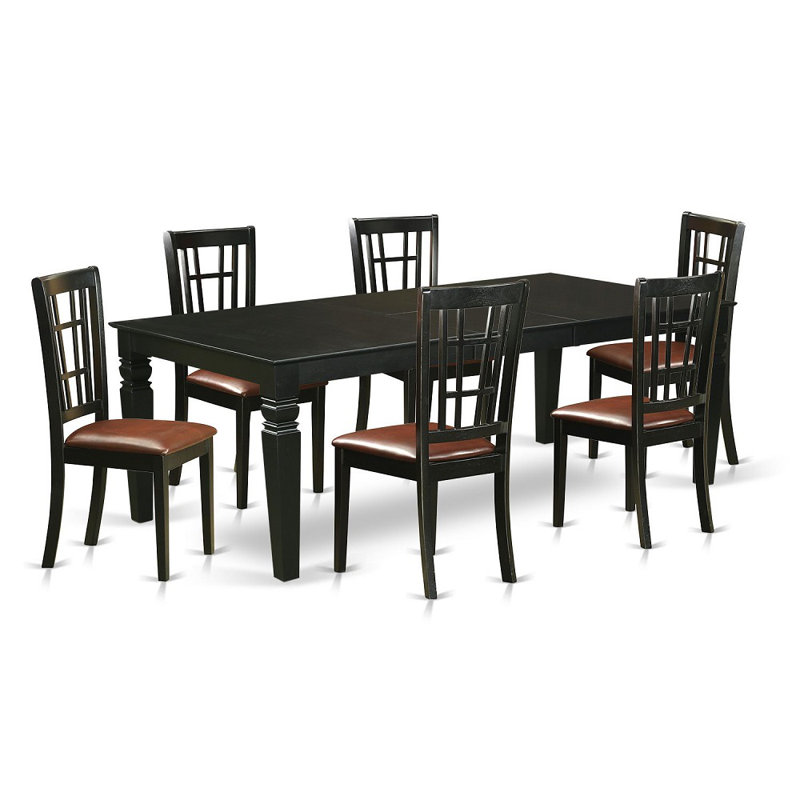 7 Piece Kitchen Table Set Consist of a Rectangle Dining Table with Butterfly Leaf and 6 Faux Leather Dining Room Chairs, Black & Cherry