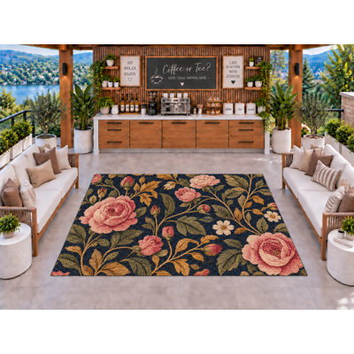 Tapis d'extérieur 5' x 7' bleu marine et rose, motif jardin de roses, épais, solide, imperméable, en PVC bouclé, tapis de patio résistant, tapis intérieur/extérieur à séchage rapide pour cuisine, porche, terrasse, balcon, entrée.