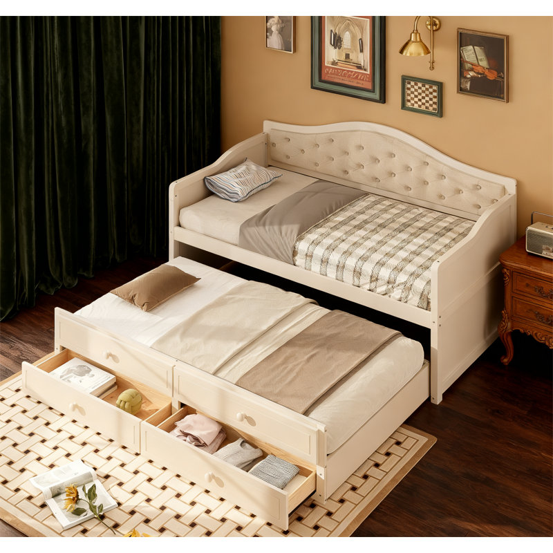 Lit de jour moderne avec 2 tiroirs de rangement et lit gigogne, Beige
