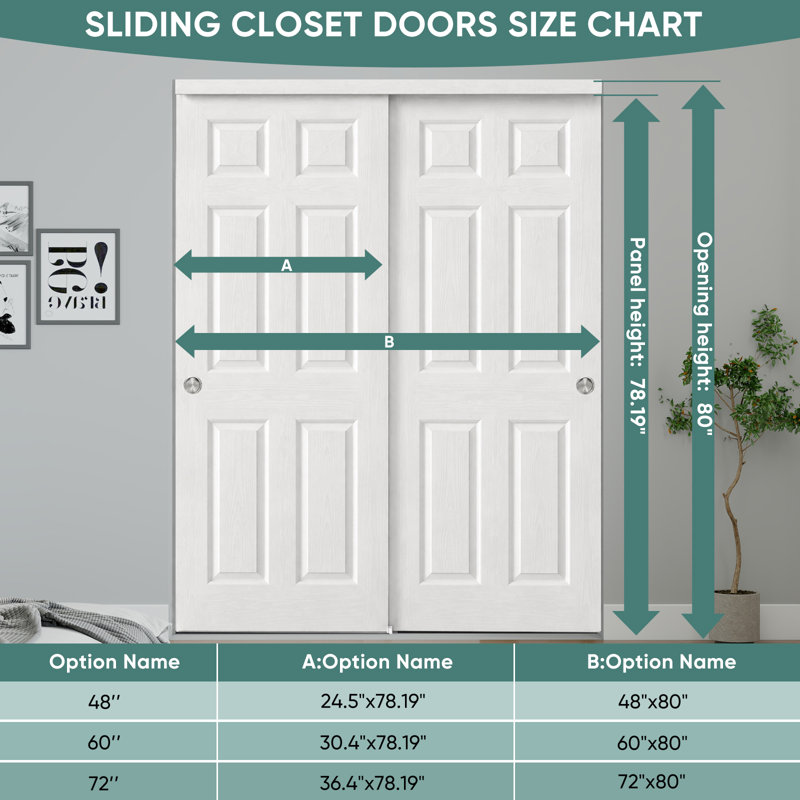 60"X80" Raised 6-Panel Textured White Primed Molded Sliding Closet Doors With Installation Hardware Kit and Satin Nickel Finger Pull