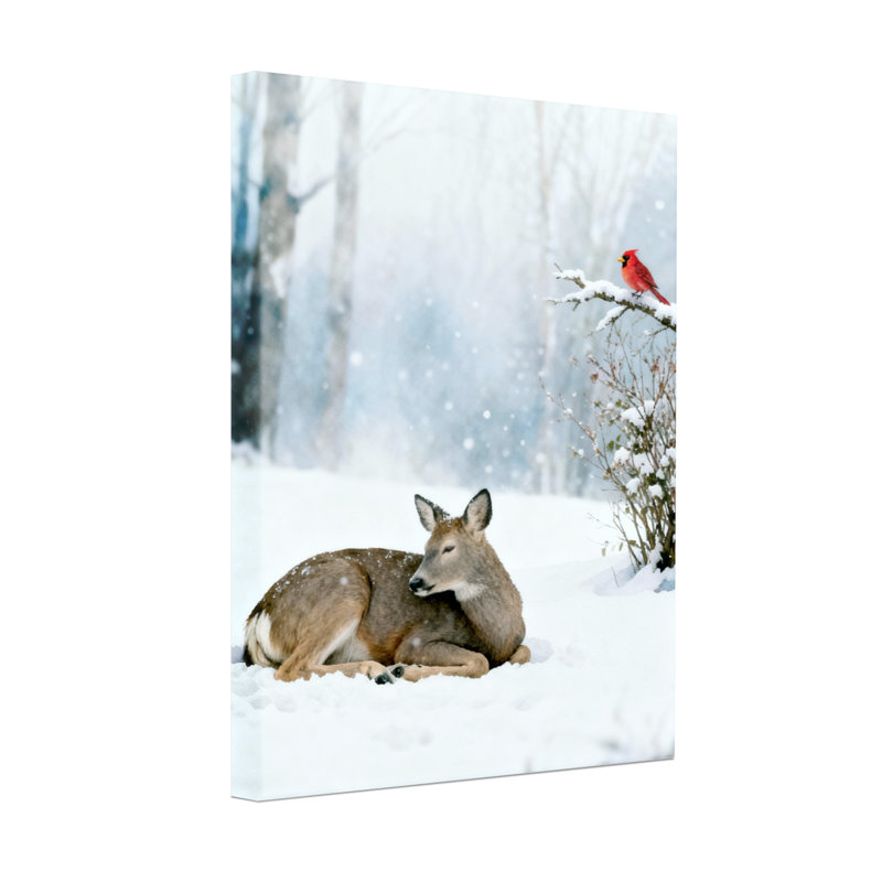 Animals Deer Resting In Snow With Cardinal Bird, 18" H x 12" W