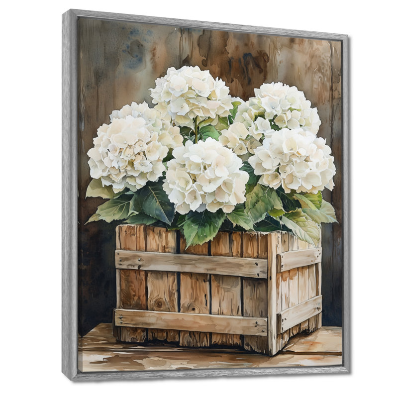Hortensias dans une caisse en bois - hydrangées, art mural, Argent argent, Reproduction avec cadre flottant