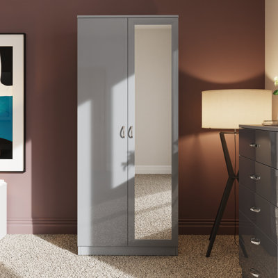 Brendle 2 Door Mirror Wardrobe - High Gloss Finish, Soft Close Doors, Full-Length Mirror, Polished Metal Handles