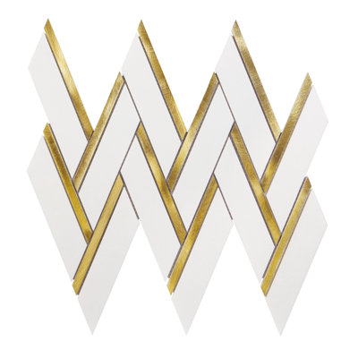Thassos White and Gold Metal Large Herringbone / Chevron Mosaic Floor Tile
