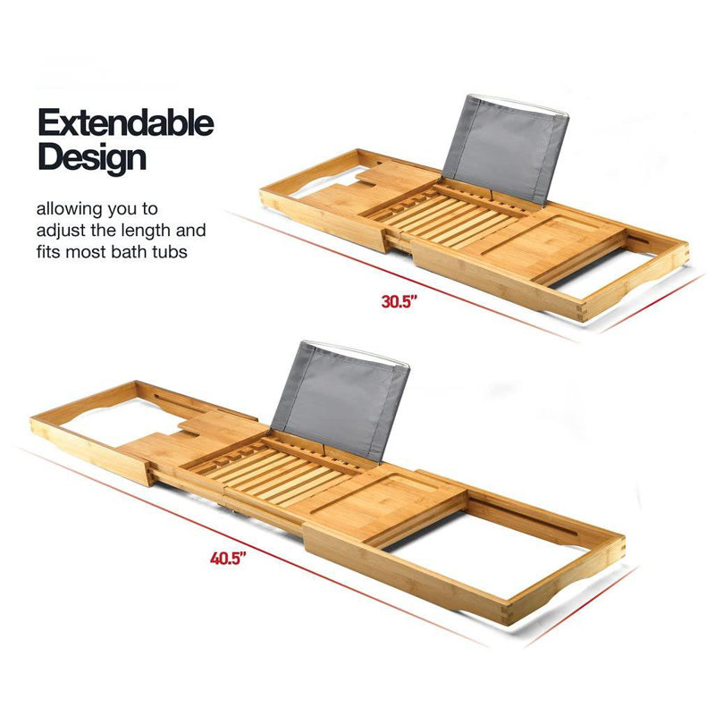 Plateau de baignoire pliable de luxe Brannon - Organisateur de baignoire en bois imperméable pour le vin, le livre, le savon, le téléphone