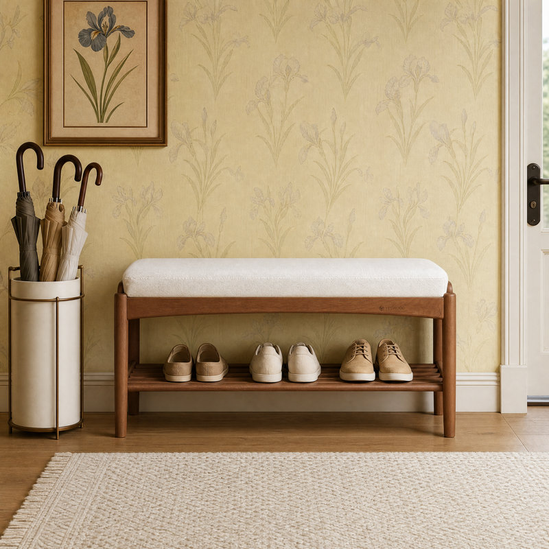 Solid Oak Upholstered Shoe Bench, American Walnut & Beige, 23.62"W