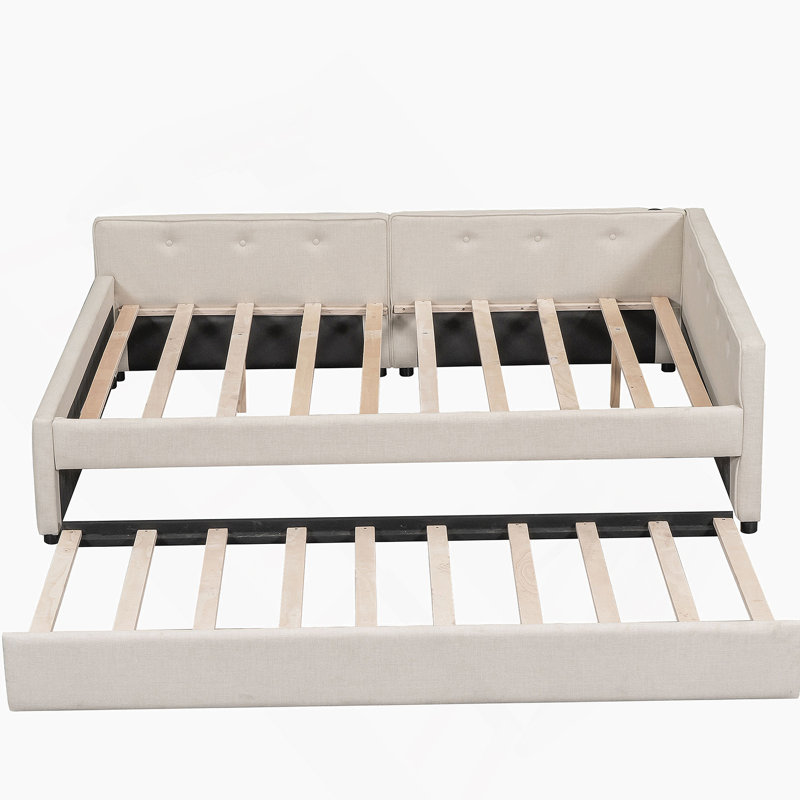 Lit plateforme tapissier avec port USB et lit gigogne simple, Complet/Double