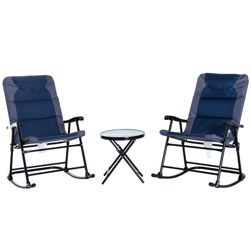 Bleu marine patio 3 pièces avec 2 chaises berçantes et table basse en verre pour le porche, le camping, le bord de la piscine, le balcon extérieur: table, style bistro, balcon,