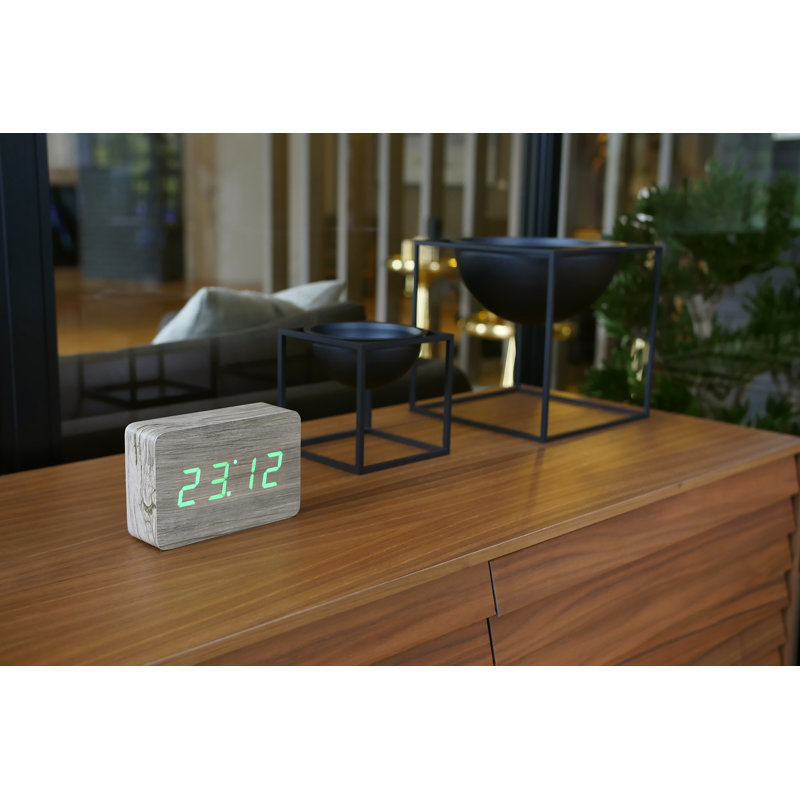 Sleek & Chic Modern Digital Birch Solid Wood Electric Alarm Tabletop Clock, Ash/Green