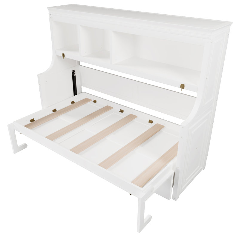 Lit escamotable simple avec bureau et tablettes de rangement - Lit mural peu encombrant pour petites pièces et bureau personnel, blanc