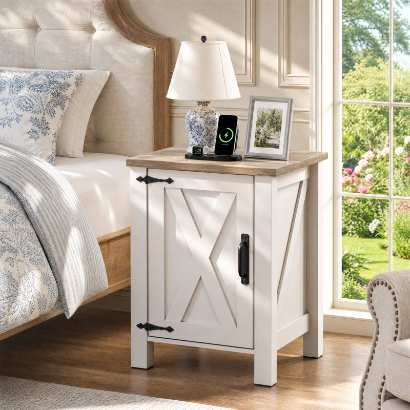 Adaija 18" W Nightstand with Charging, Farmhouse End Table with Barn Door and 3-Level Shelf Storage, Rustic Side Table with AC & USB Power Outlets for Bedroom and Living Room