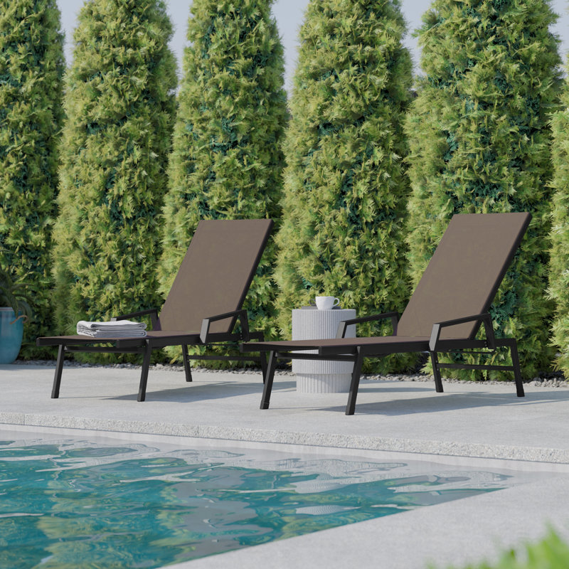 Aubreeann All-Weather PVC-coated Polyester Adjustable Chaise Lounge Chairs with Arms, Brown, 2