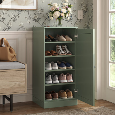 100% Solid Wood Narrow Shoe Storage Cabinet with Raised Panel Door, Adjustable Shelves, Space Saving Stackable Organizer, 16.5" W x 35.75" H