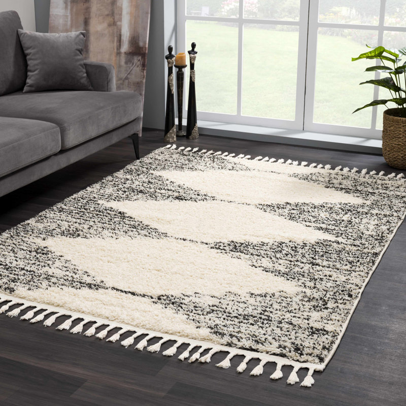Tapis beige / noir / gris anthracite à poils longs Shaggy Performance, Rectangle 6 pi 7 po x 9 pi