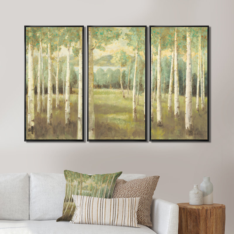 «Aspens Neutral Forest - Farmhouse», ensemble d'art mural sur toile encadré, H 20 po x l 36 po, Cadre noir