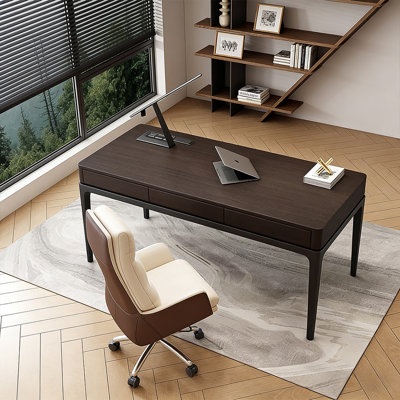 Minimalist Solid Wood Desk In Dark Brown - Features Built-in Power Outlets & Wireless Charging