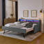 Canapé-lit simple rembourré avec trois lumières DEL, tête de lit réglable avec rangement, lit gigogne escamotable et base de chargement sans fil, cadre de canapé-lit rembourré en lin-1683290660