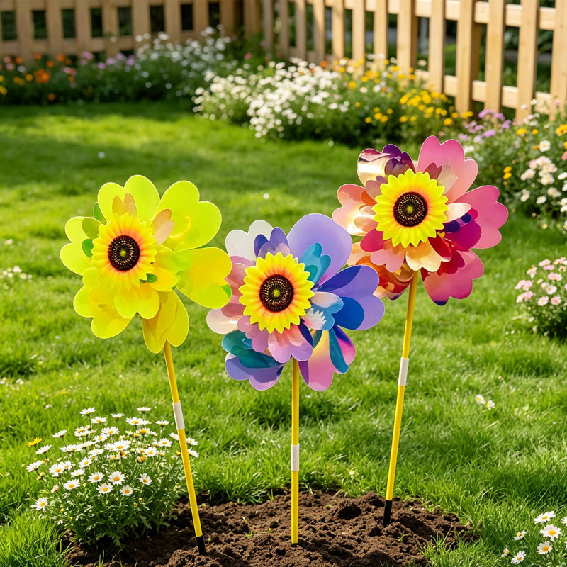 Paquet de 3 moulinets à vent en forme de tournesol arc-en-ciel de 32 cm de diamètre en plastique pour décoration de fête extérieure