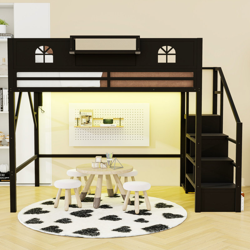 Metal Loft Bed with Stairs and Wardrobe, Queen