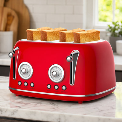 Red Stainless Steel 4 Slice Retro Style Toaster with Dual Controls and 6 Browning Settings