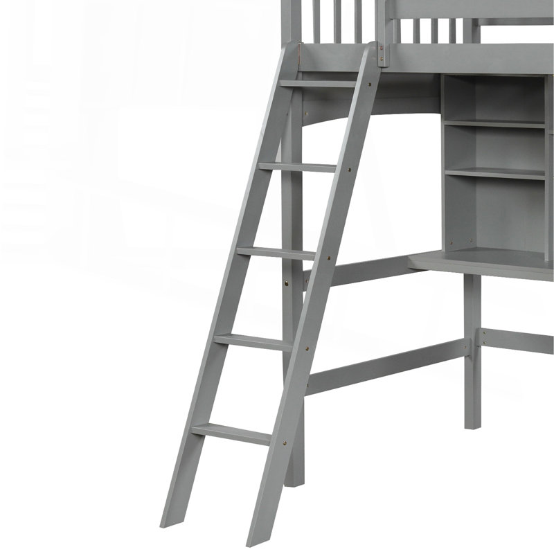 Twin Size Loft Bed With Storage Shelves, Desk And Ladder, Gray, Gray