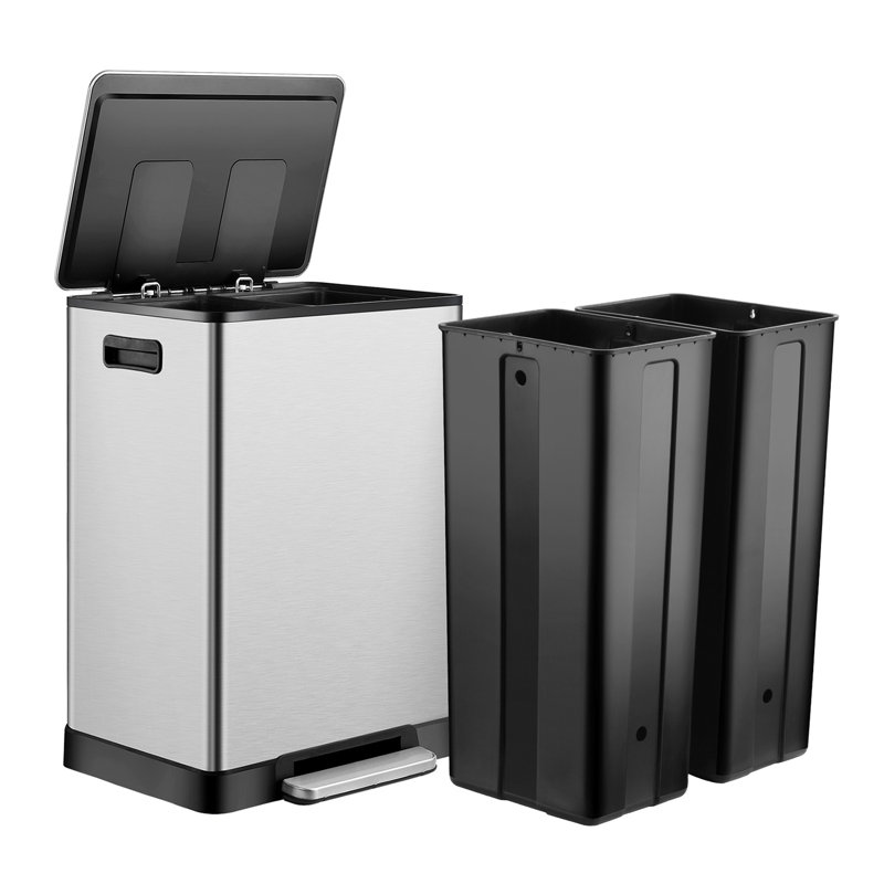 Steel Step On Multi-Compartment Trash/Recycling Bins - 16 Gallons, Silver