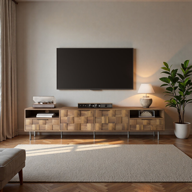 Meuble télé Mid-Century avec 2 tiroirs, console multimédia pour téléviseur de 85 po ou moins