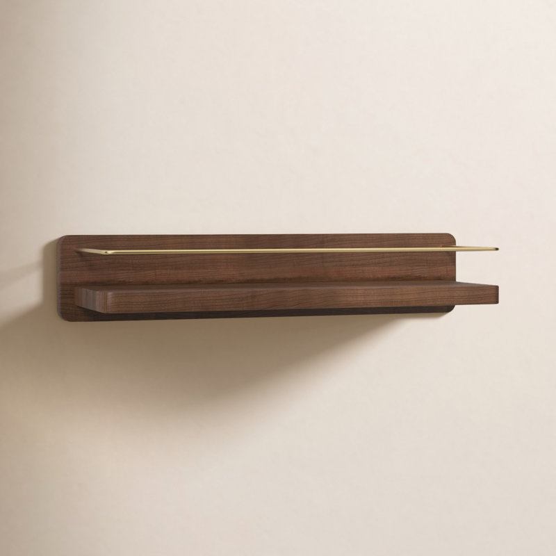 Dandre Modern Brass Wooden Shelf, 3.2" H x 24" W x 5.6" D, Walnut