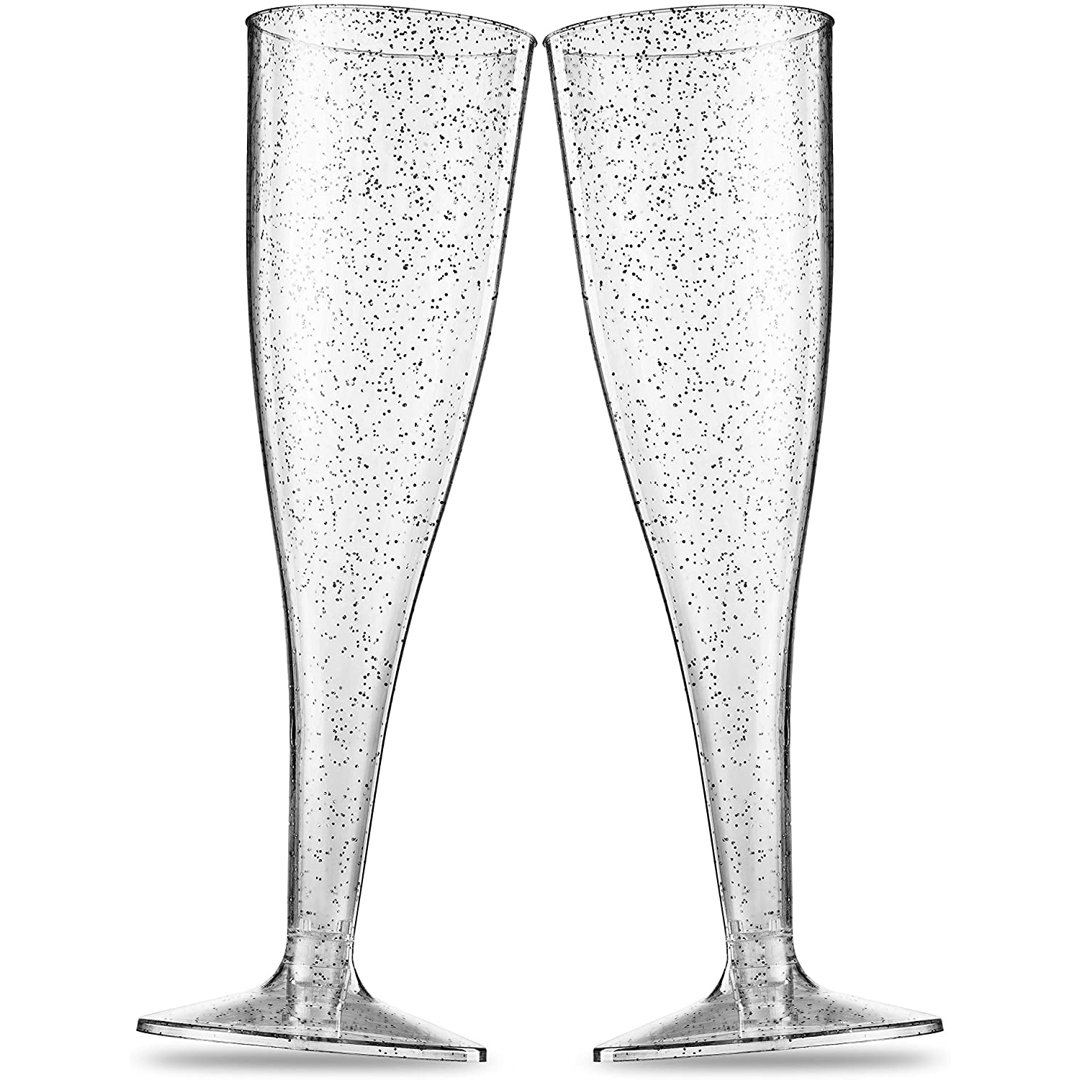 Plastic Disposable Champagne Flute Silver Glitter (Set of 50) Munfix
