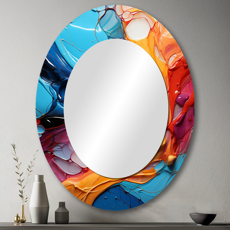 Teal Orange Abstract Fractal Collage Symphony - Abstract Oval Decorative Mirror On Metal, 43" x 33"