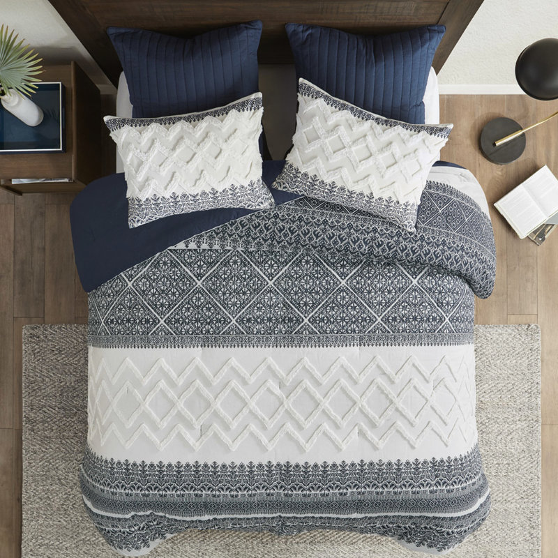 3 pièces très grand / très grand édredon. Coton avec capitonnage en chenille. Bleu marine. . 2 taies décoratives assorties. Lavable à la machine. Magnifique literie de chambre à coucher. Remplir. Charmant