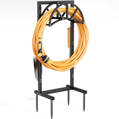 Support de boyau d'arrosage autoportant avec 4 pointes de sol, support de boyau en métal robuste, finition noir profond avec vis en acier inoxydable