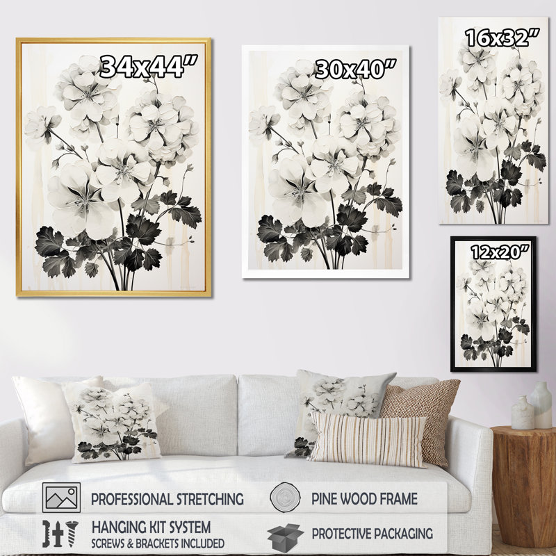 Minéralisme noir et blanc géraniums I sur toile, Cadre flottant noir, H 32 po x l 16 po x P 1 po