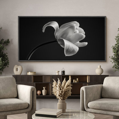 Side View of Black and White Tulip Framed Canvas Wall Art - Modern Monochrome Floral Photography for Elegant Interiors