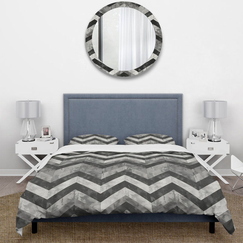 Ensemble de housse de couette gris noir Midcentury Chevron - Midcentury, Housse de couette simple + 2 taies décoratives st